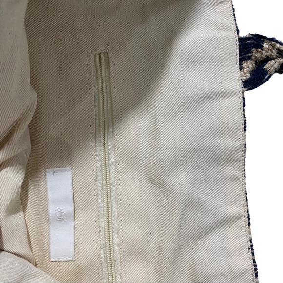 H&M Jacquard-Weave Handbag Large-Sized Brown & Blue Canvas Open Tote Bag Jute - Picture 8 of 10